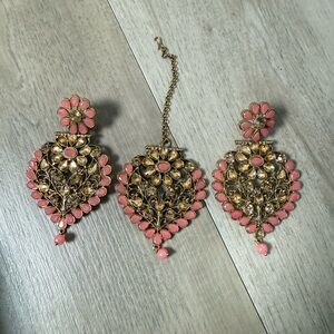 Gold & Pink Maang Tikka Jewelry Set – Statement Earrings + Tikka